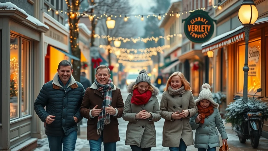 Festive small-town Cloverdale street with joyful families under twinkling string lights during December events in Cloverdale BC